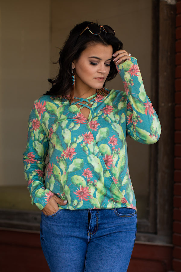 Teal Cactus Criss Cross Neckline Top - Gypsy Rae Boutique