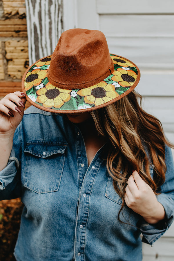 Dark Brown Hand Stitch Flower Embroidery Cowboy Hat - Gypsy Rae Boutique, LLC