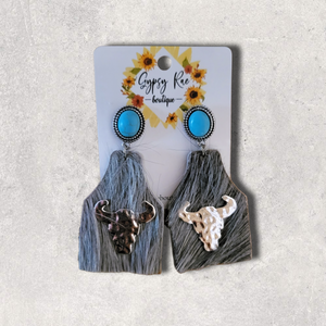 Take A Number Cowboy Grey Cowhide Silver Cowskull Stud Earrings - Gypsy Rae Boutique, LLC