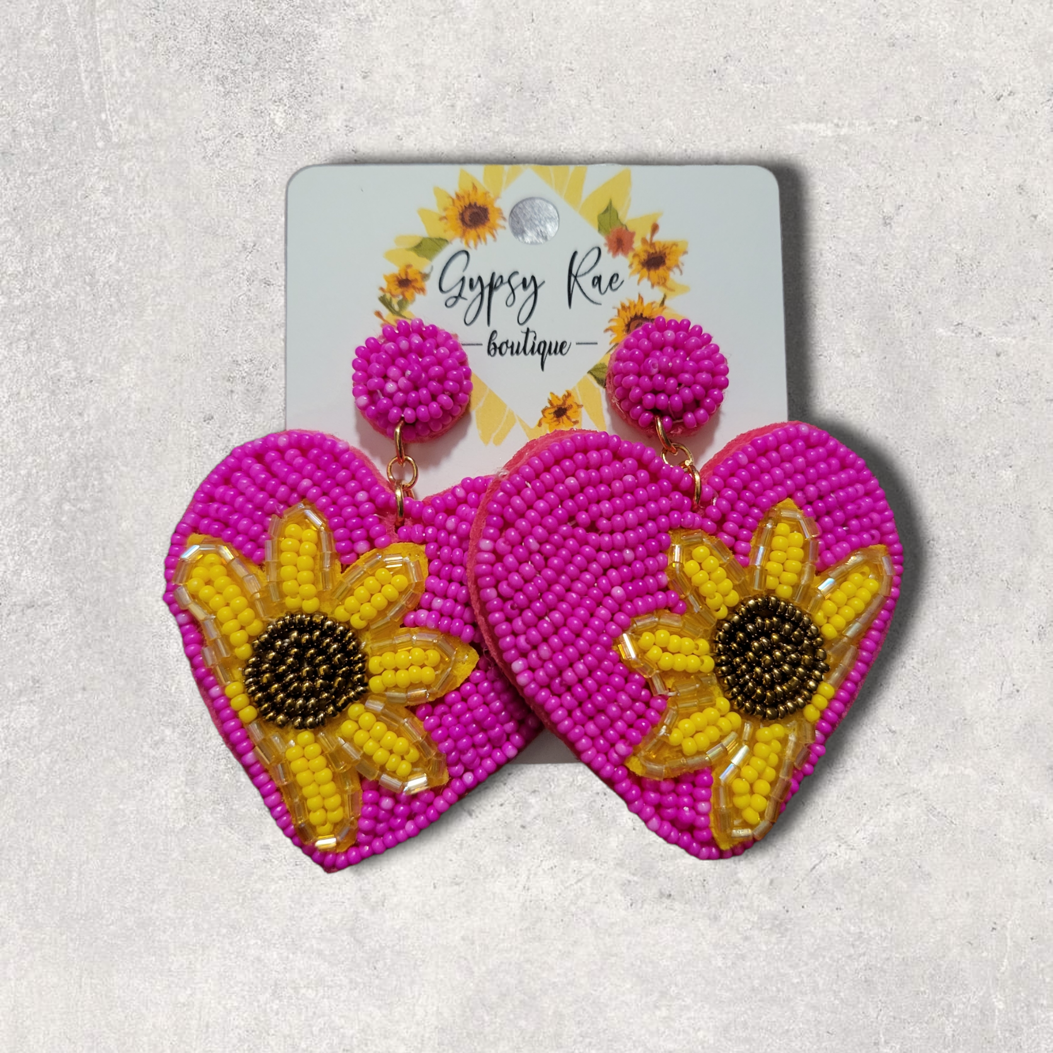 Heart Sunflower Hand Beaded Earrings - Gypsy Rae Boutique, LLC