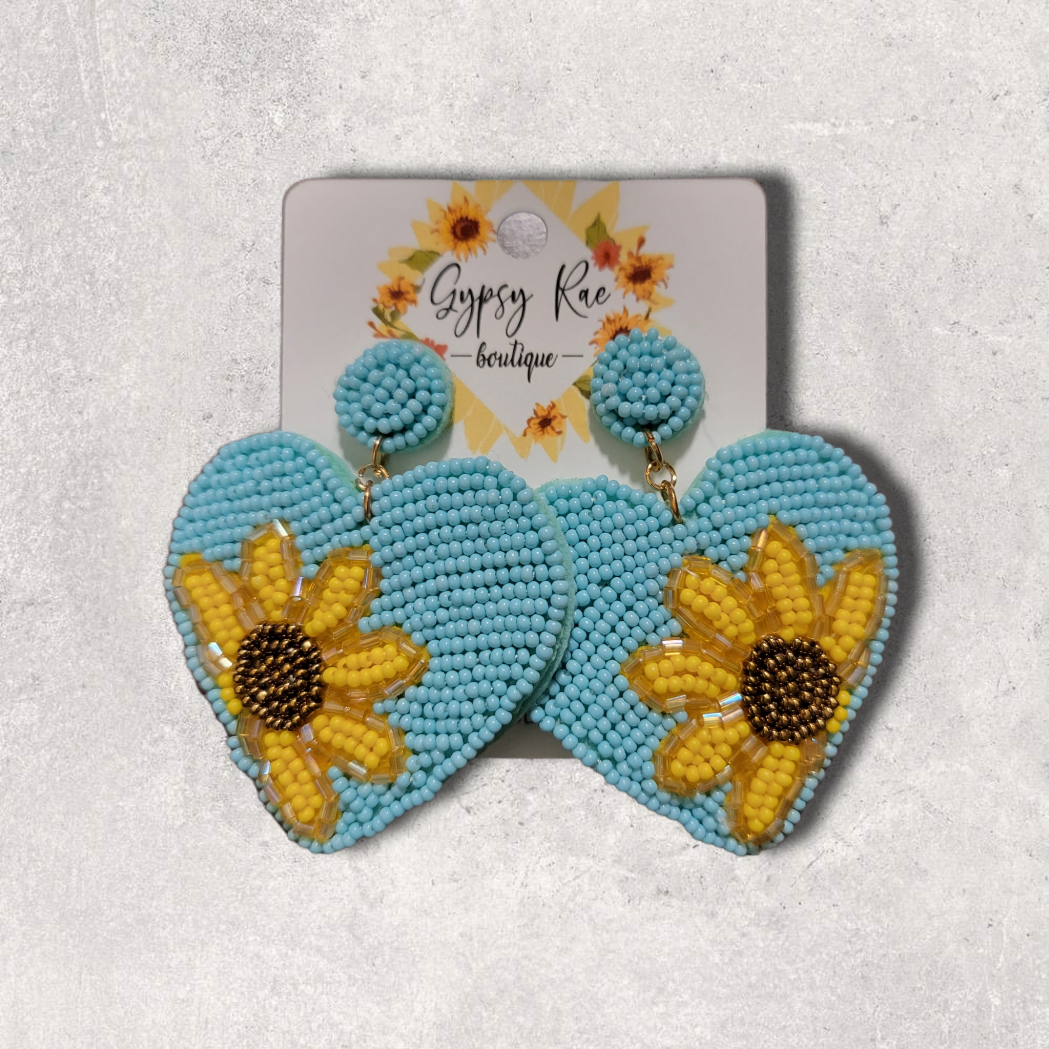 Heart Sunflower Hand Beaded Earrings - Gypsy Rae Boutique, LLC