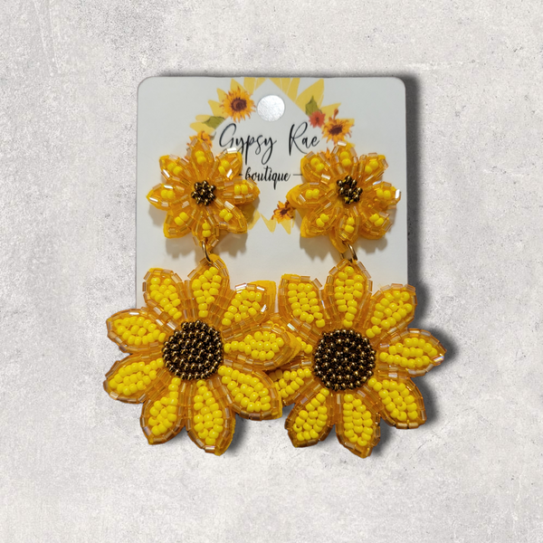 Double Sunflower Hand Beaded Earrings - Gypsy Rae Boutique, LLC