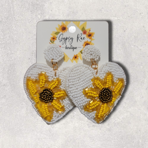Heart Sunflower Hand Beaded Earrings - Gypsy Rae Boutique, LLC