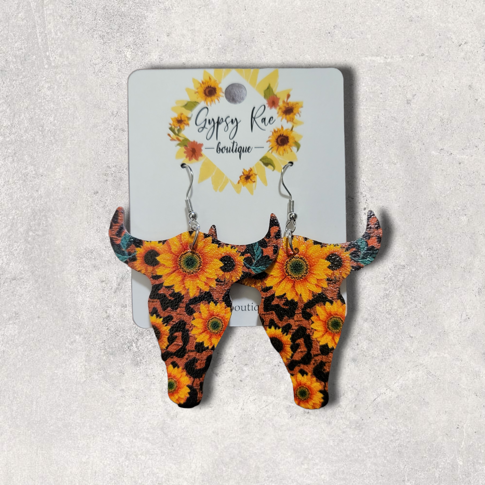 Sunflower Cow Skull Leather Earrings - Gypsy Rae Boutique, LLC
