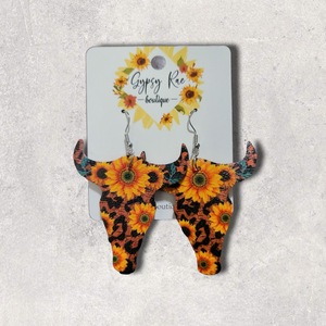 Sunflower Cow Skull Leather Earrings - Gypsy Rae Boutique, LLC