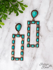 Let's Go Square Dancing Teardrop Turquoise Stone Copper Rectangle Earrings - Gypsy Rae Boutique, LLC