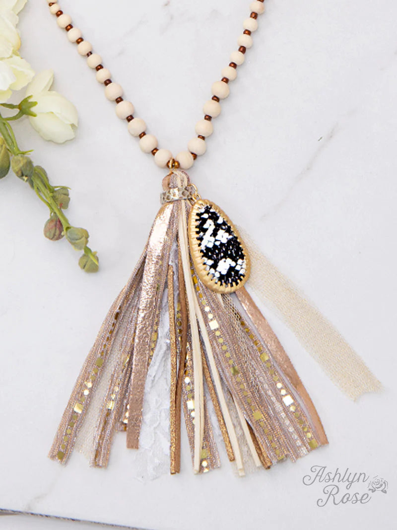 Leopard fabric online tassel necklace
