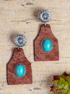 Tavern Lovin' Fur Earrings with Turquoise Stone - Brown - Gypsy Rae Boutique, LLC