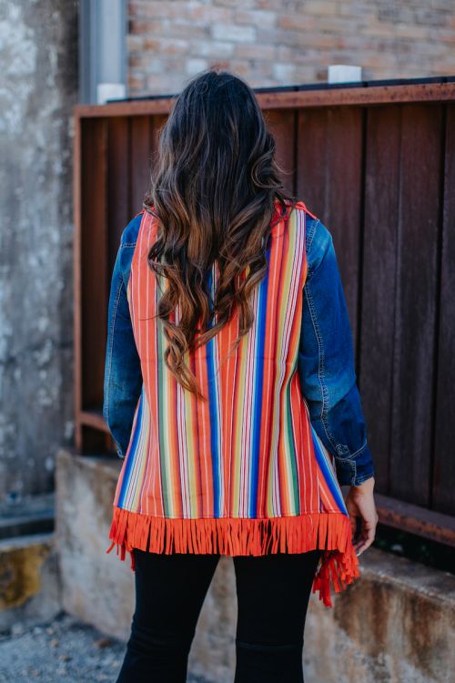 Red Serape Faux Suede Vest with Fringe - Gypsy Rae Boutique