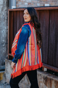 Red Serape Faux Suede Vest with Fringe - Gypsy Rae Boutique