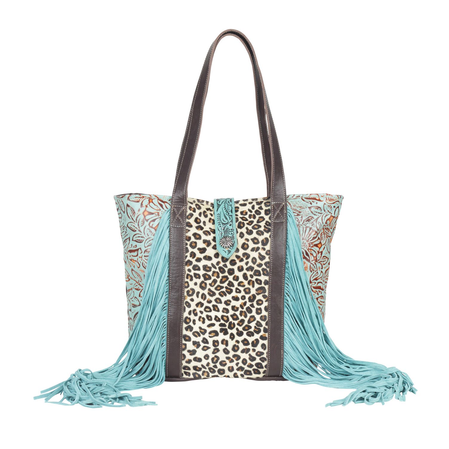 Cheetah with Turquoise Fringe Messenger Bag