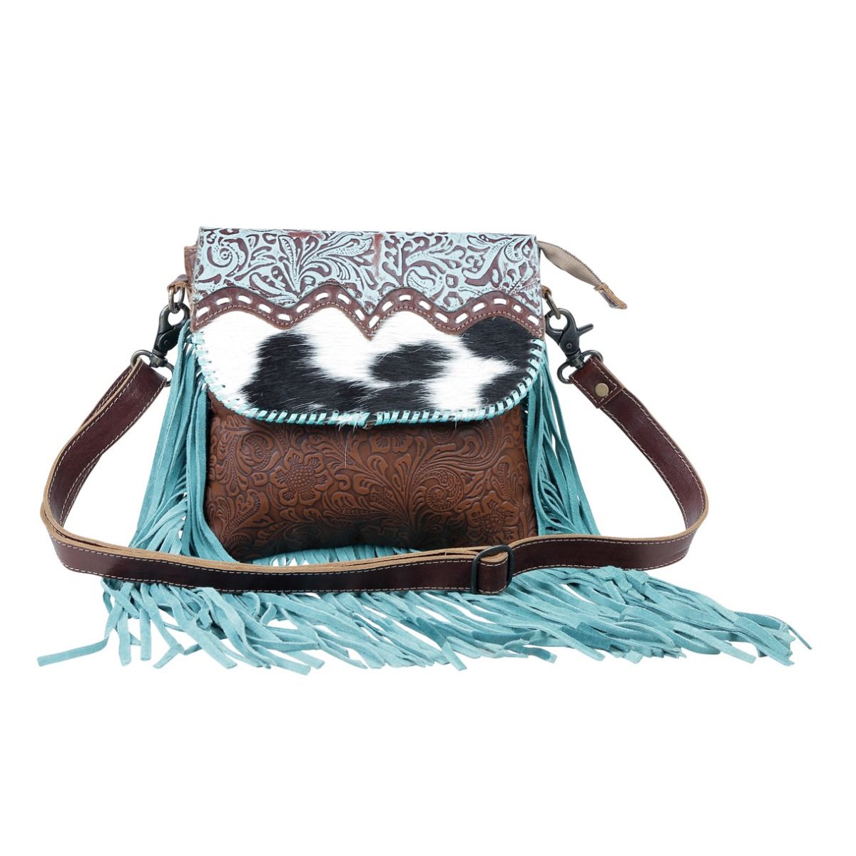 Effervescence Teal Cowhide Leather Crossbody - Gypsy Rae Boutique, LLC